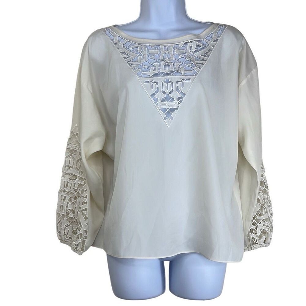 Townsen Medium‎ Ivory Lace Cutouts Pullover Blouse Long Sleeve Boho Workwear